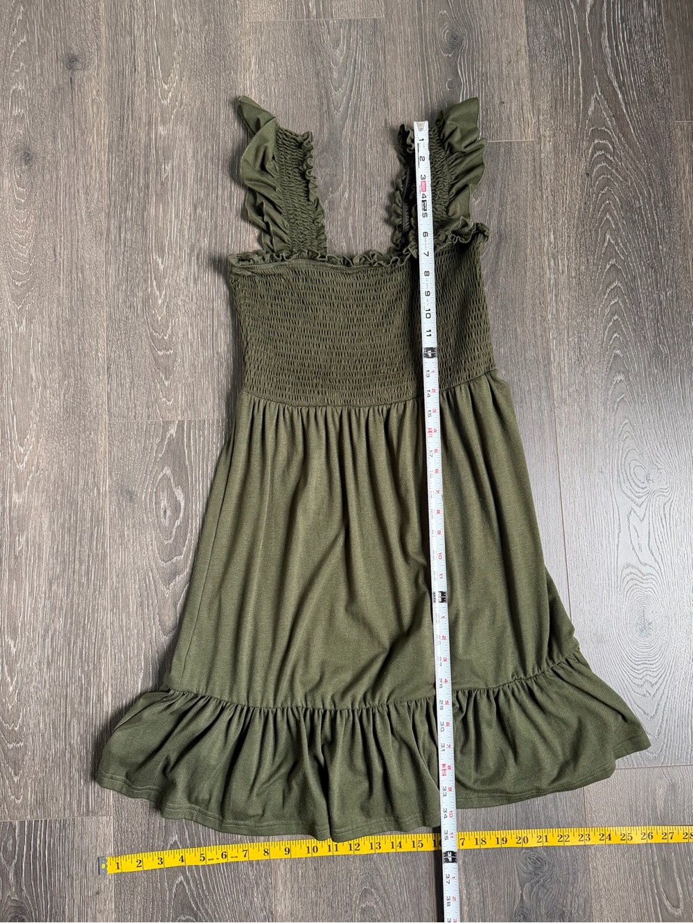 Olive Green Smocked Sundress with Ruffle Straps Cottagecore Boho Size Small - Picture 3 of 5